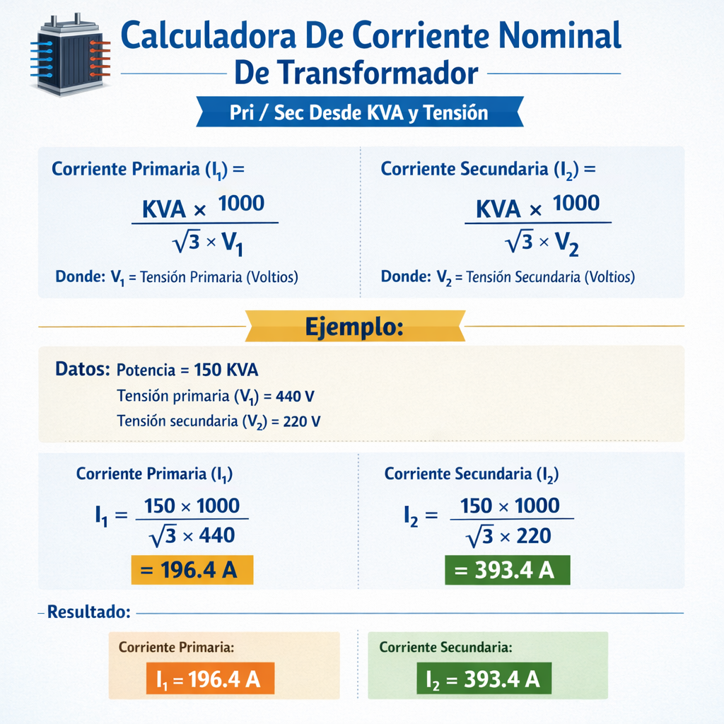 Calculadora de corriente nominal de transformador pri sec desde KVA y tensión eficiente