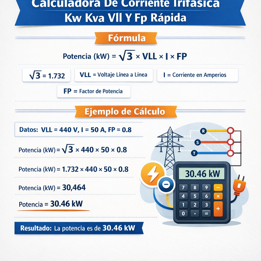 Calculadora de corriente trifásica kW kVA Vll y FP rápida para instalaciones industriales