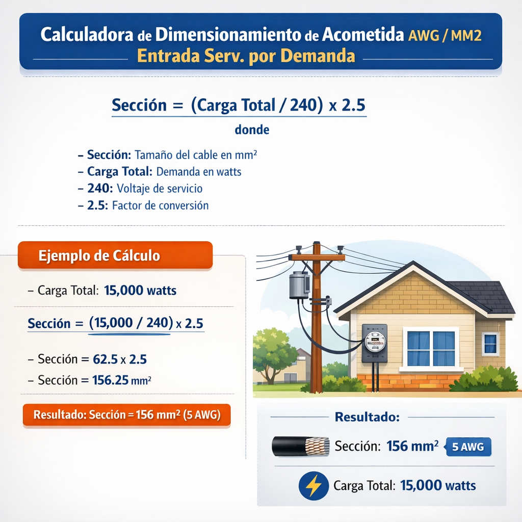 Calculadora de dimensionamiento de acometida Awg mm2 entrada serv por demanda fácil y precisa