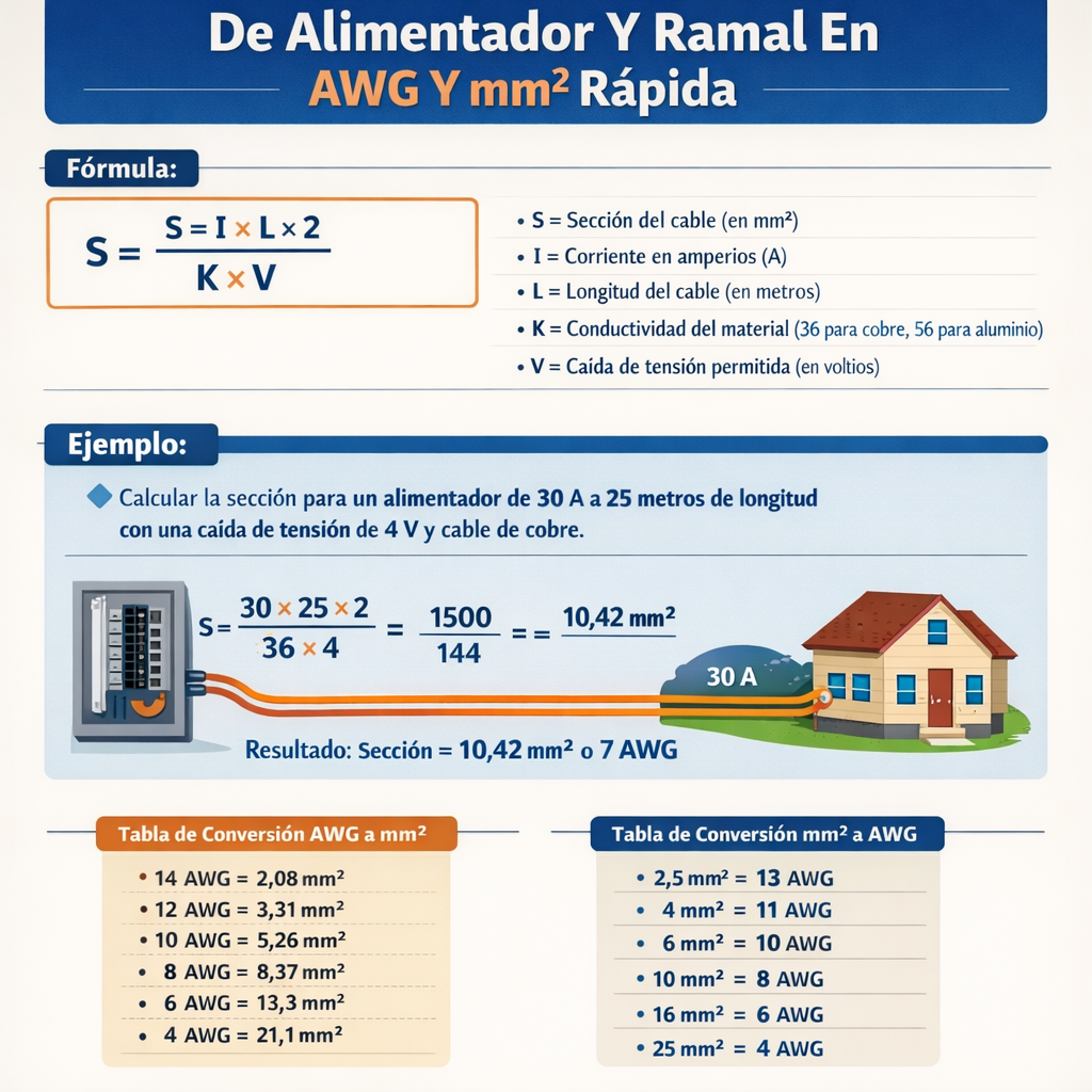 Calculadora de dimensionamiento de alimentador y ramal en AWG y mm2 rápida y precisa