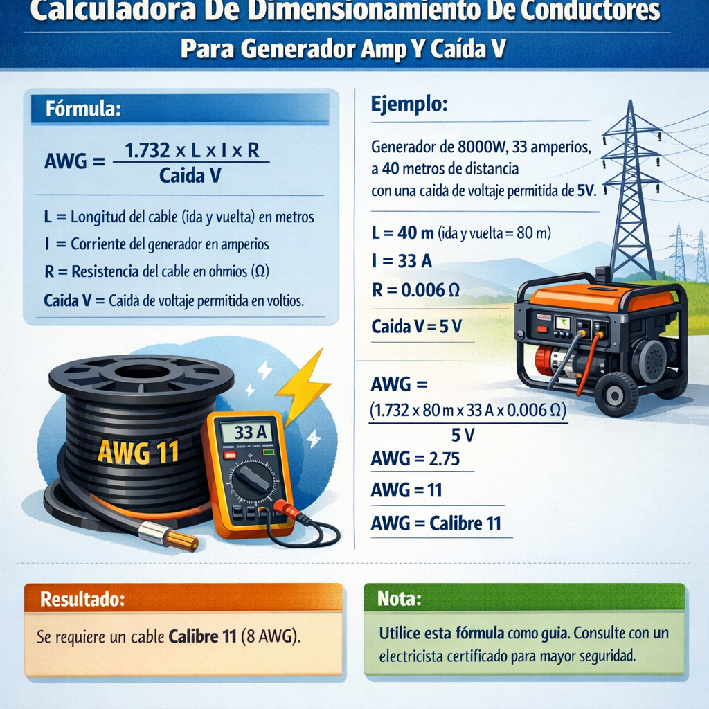 Calculadora de dimensionamiento de conductores para generador amp y caida V eficiente
