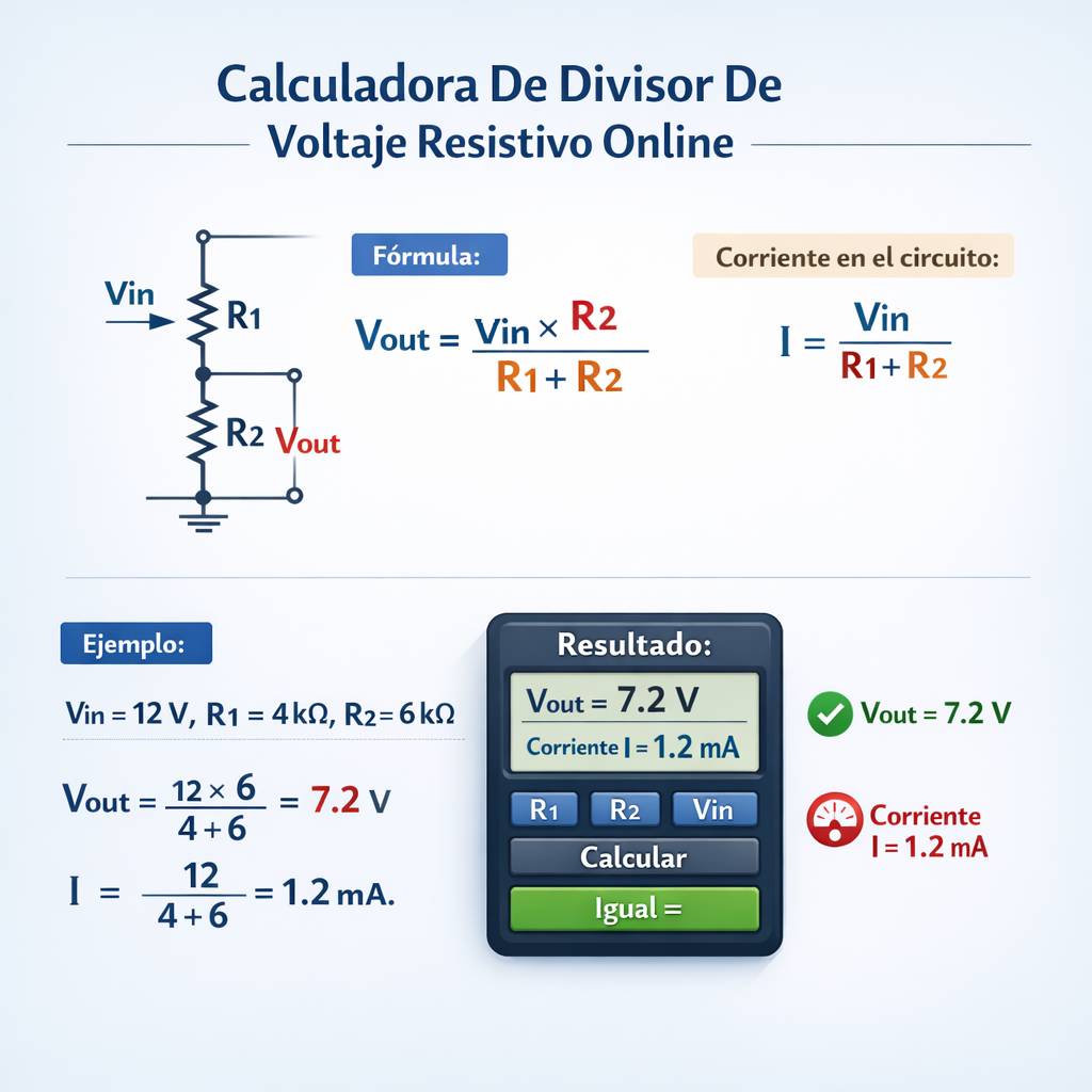 Calculadora de divisor de voltaje resistivo online Vout R1 R2 y corriente