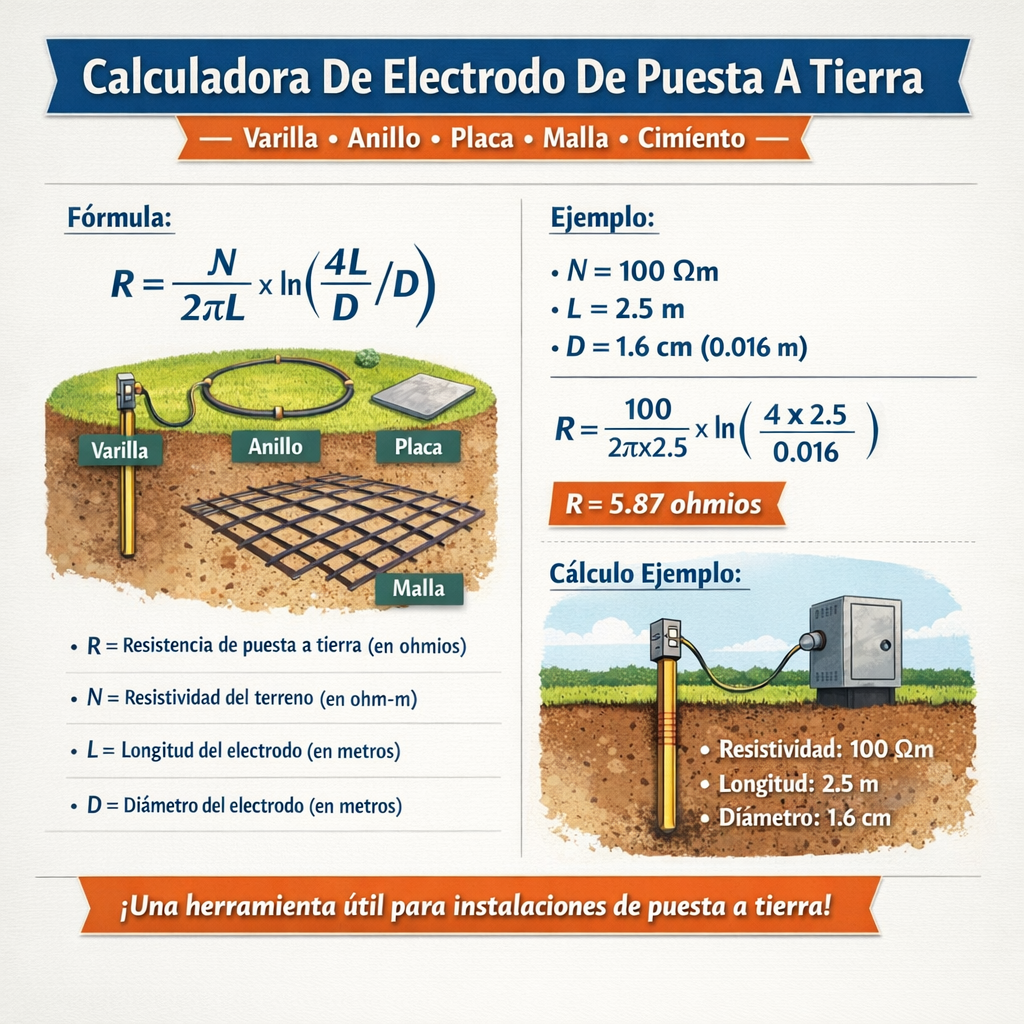 Calculadora de Electrodo De Puesta A Tierra Varilla Anillo Placa Malla Cimiento fácil y precisa