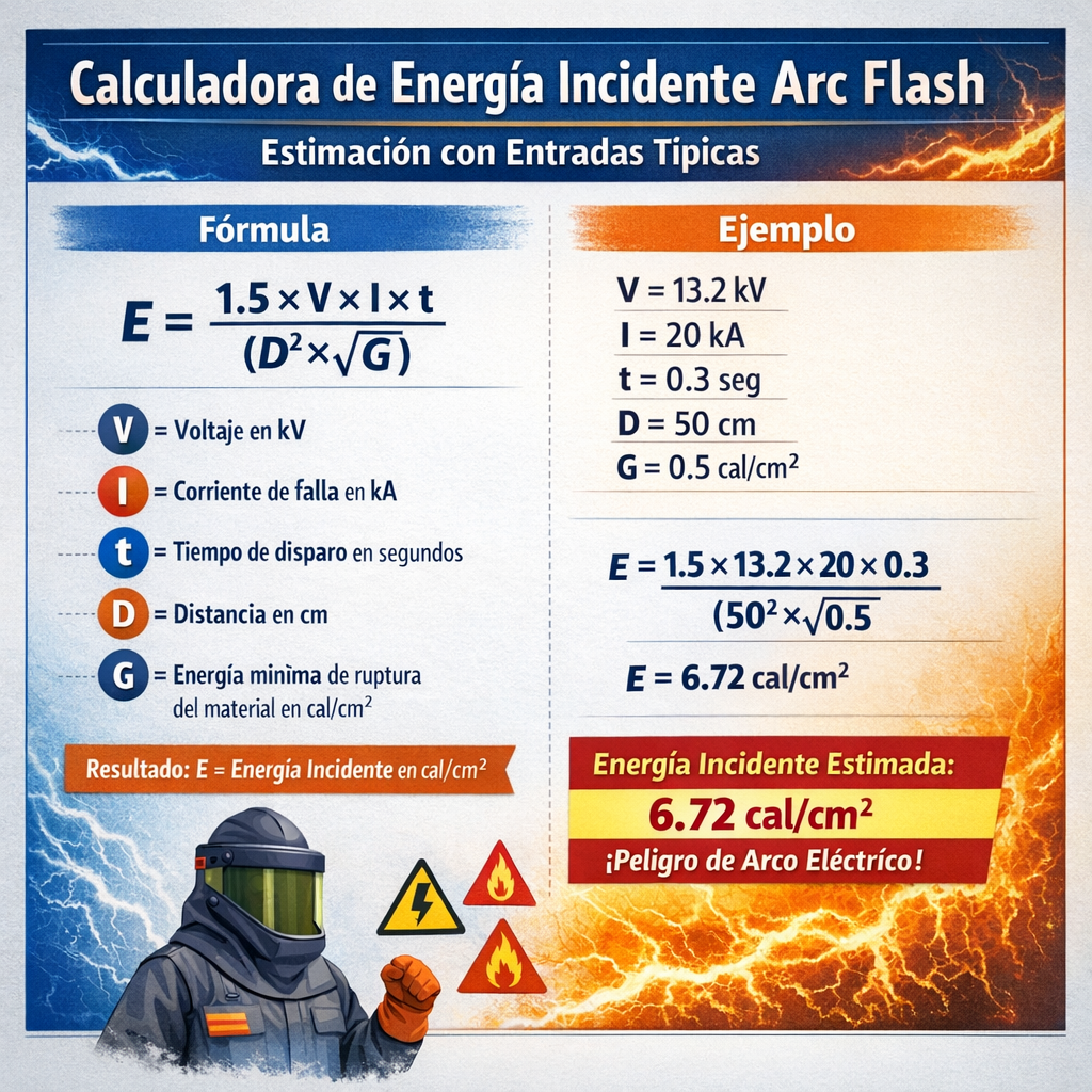 Calculadora de energia incidente arc flash estimacion con entradas tipicas para seguridad eléctrica