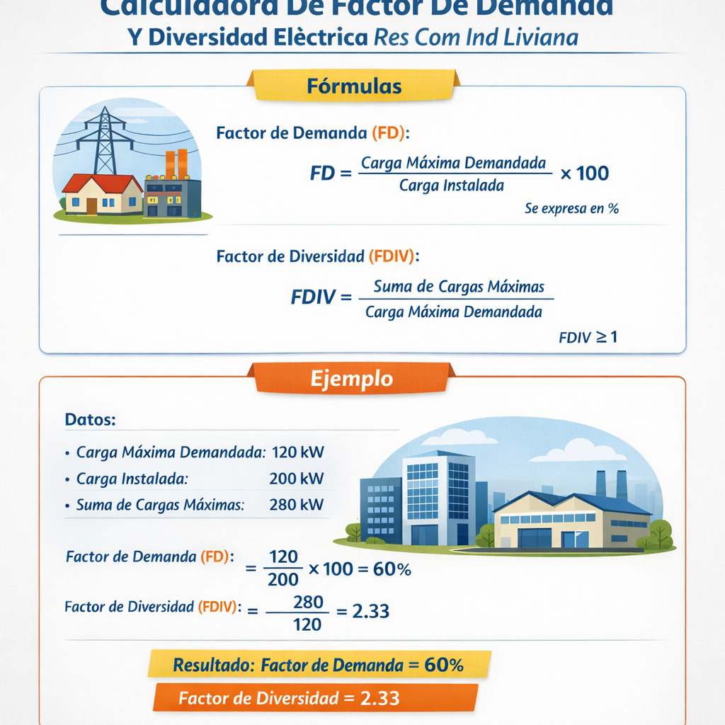 Calculadora de factor de demanda y diversidad electrica Res Com Ind Liviana para proyectos