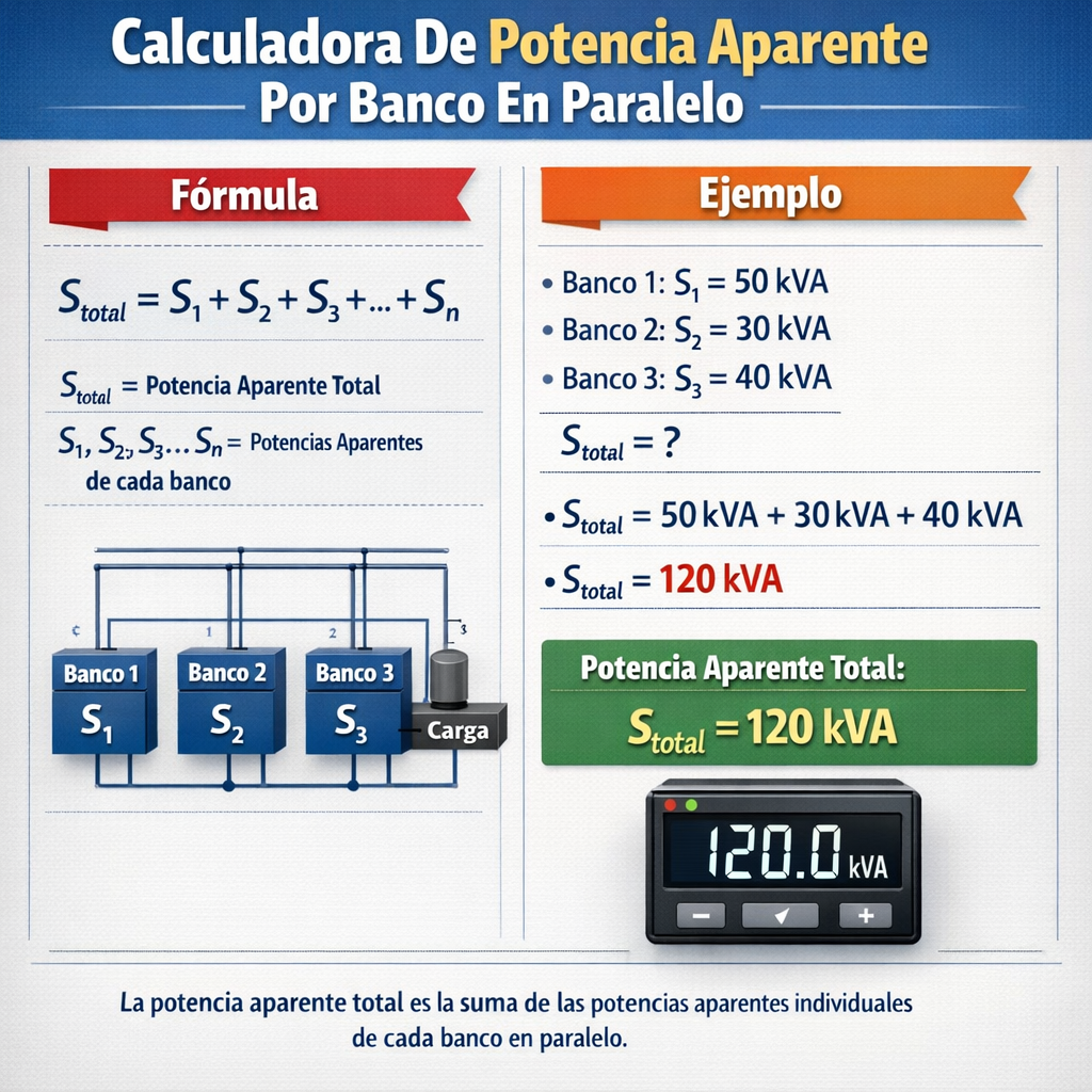 Calculadora de potencia aparente por banco en paralelo — guía práctica rápida