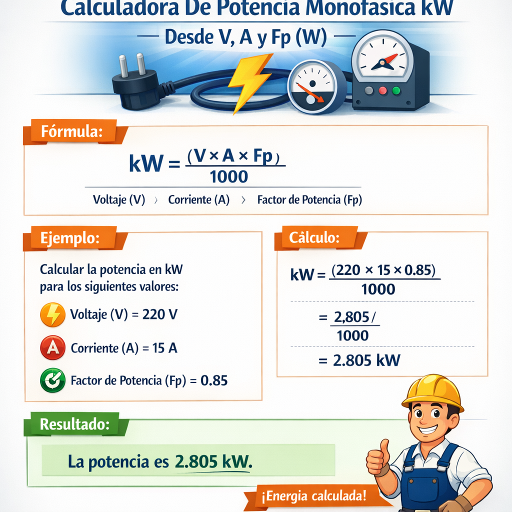 Calculadora de potencia monofásica Kw desde V A y Fp W rápida y precisa