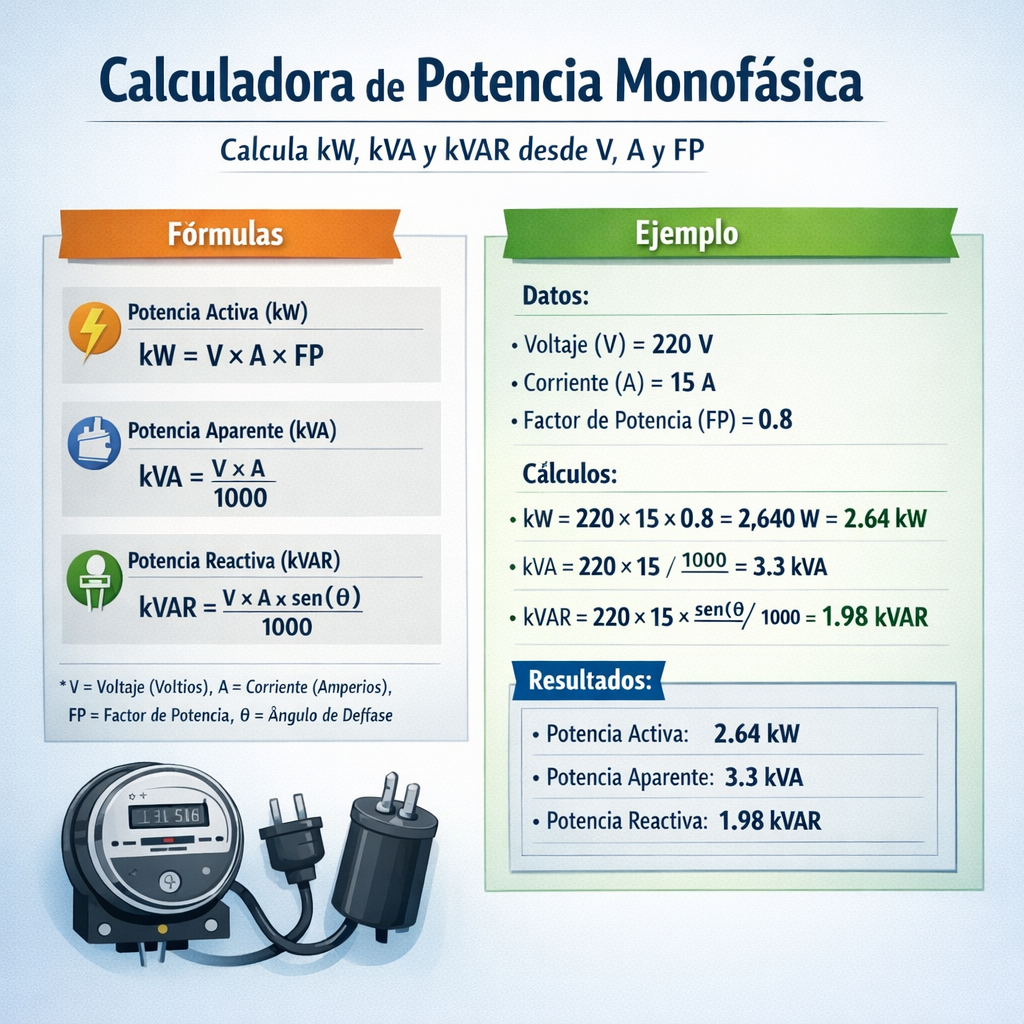Calculadora de potencia monofasica Kw Kva Kvar desde V A Fp rápida y precisa