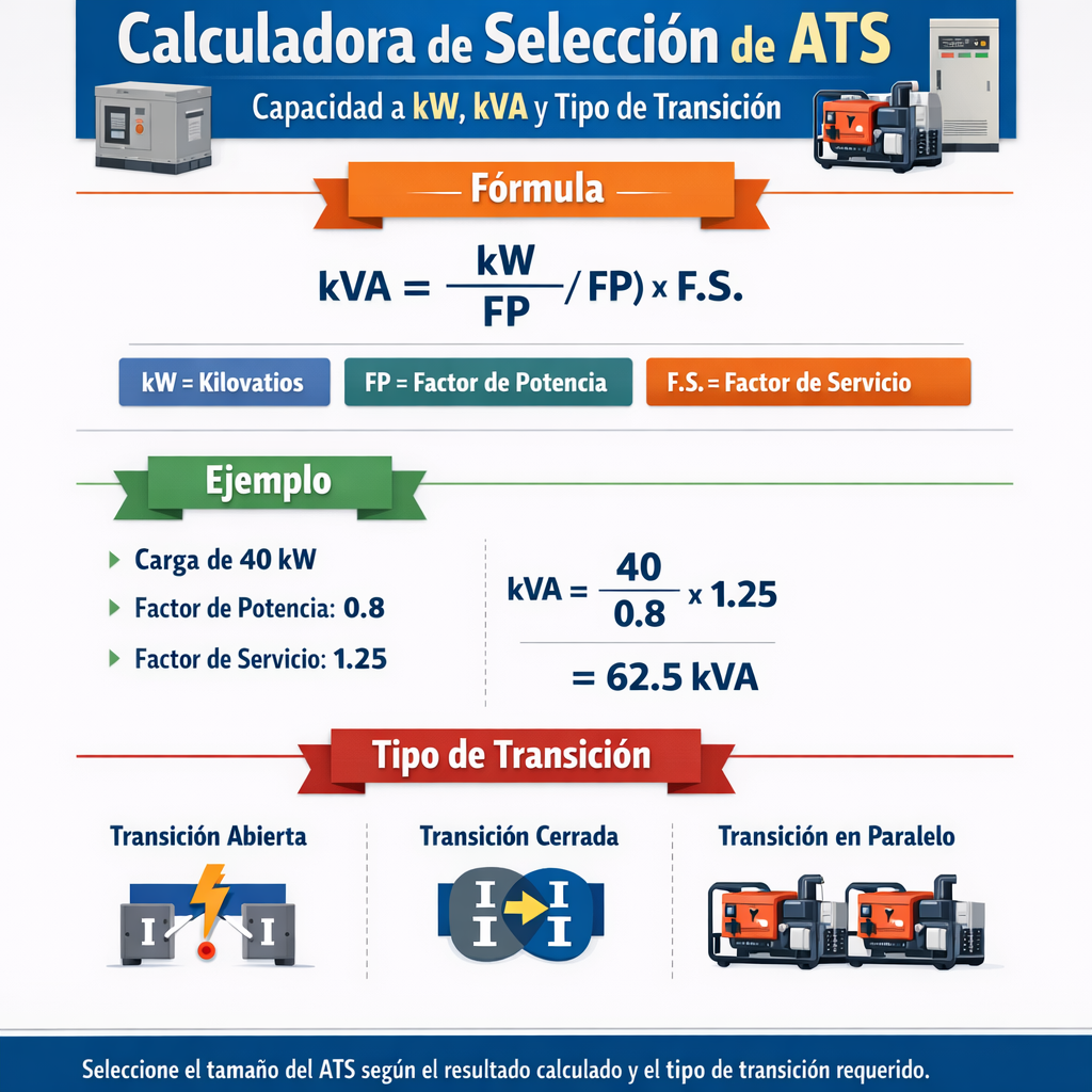 Calculadora de seleccion de Ats capacidad a kW kVA y tipo de transicion para instalaciones