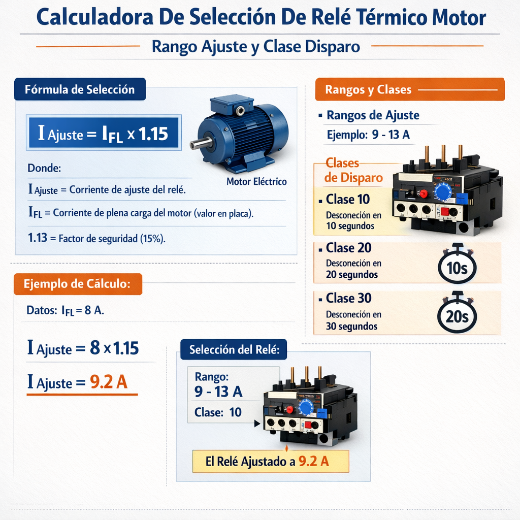 Calculadora de Seleccion De Rele Termico Motor Rango Ajuste Y Clase Disparo para dimensionamiento preciso