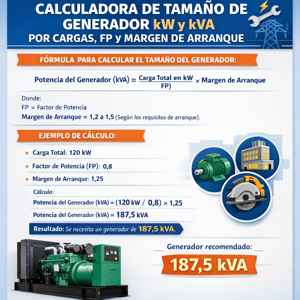 Calculadora de tamano de generador Kw y Kva por cargas Fp y margen de arranque