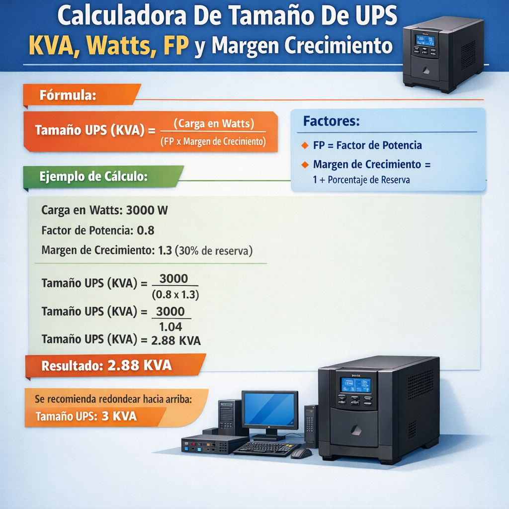 Calculadora De Tamano De Ups Kva Watts Fp Y Margen Crecimiento para proyectos eléctricos