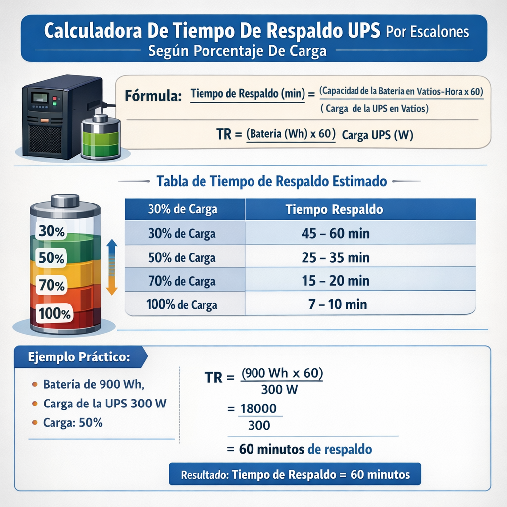 Calculadora de tiempo de respaldo ups por escalones segun porcentaje de carga