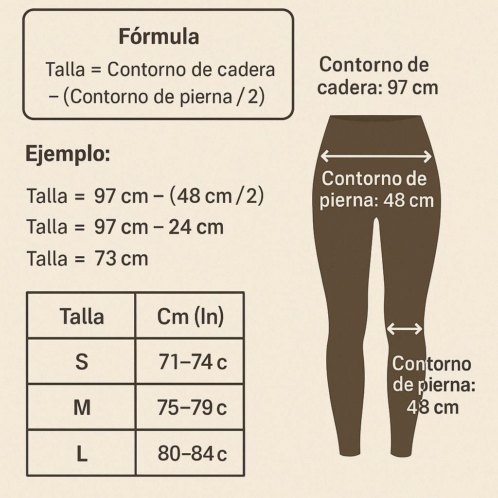 Calculadora Leggings S M L Contorno Cadera Pierna Cm In para elegir talla perfecta