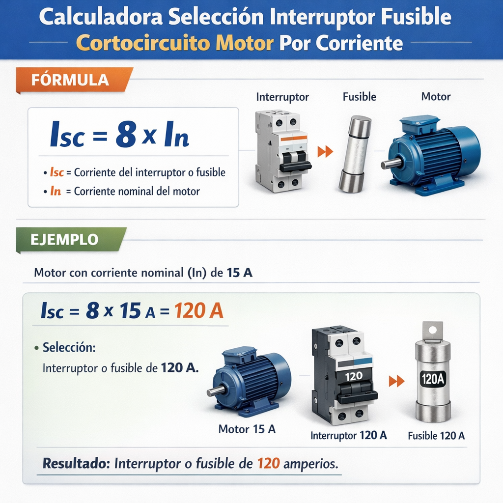 Calculadora selección interruptor fusible cortocircuito motor por corriente rápida y fiable