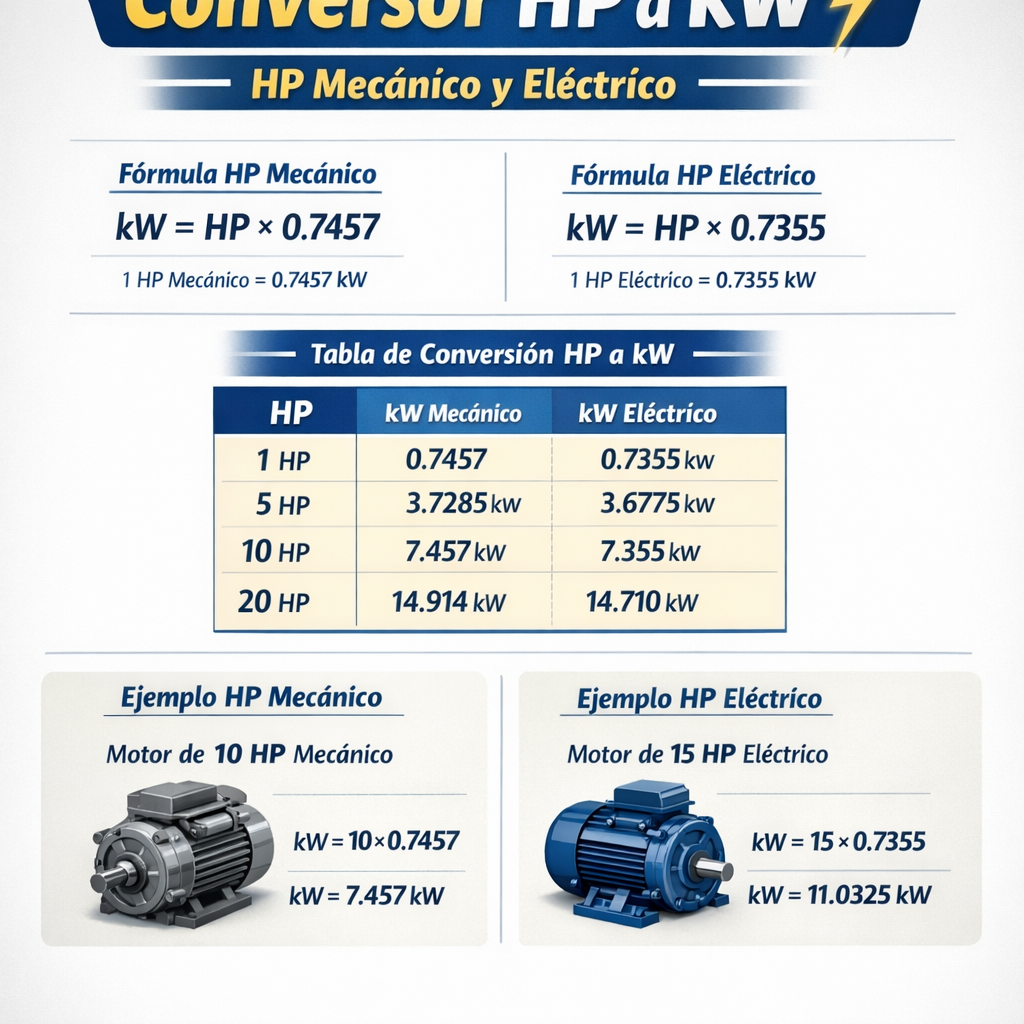 Conversor Hp a Kw Hp mecanico y electrico formula tabla y ejemplos
