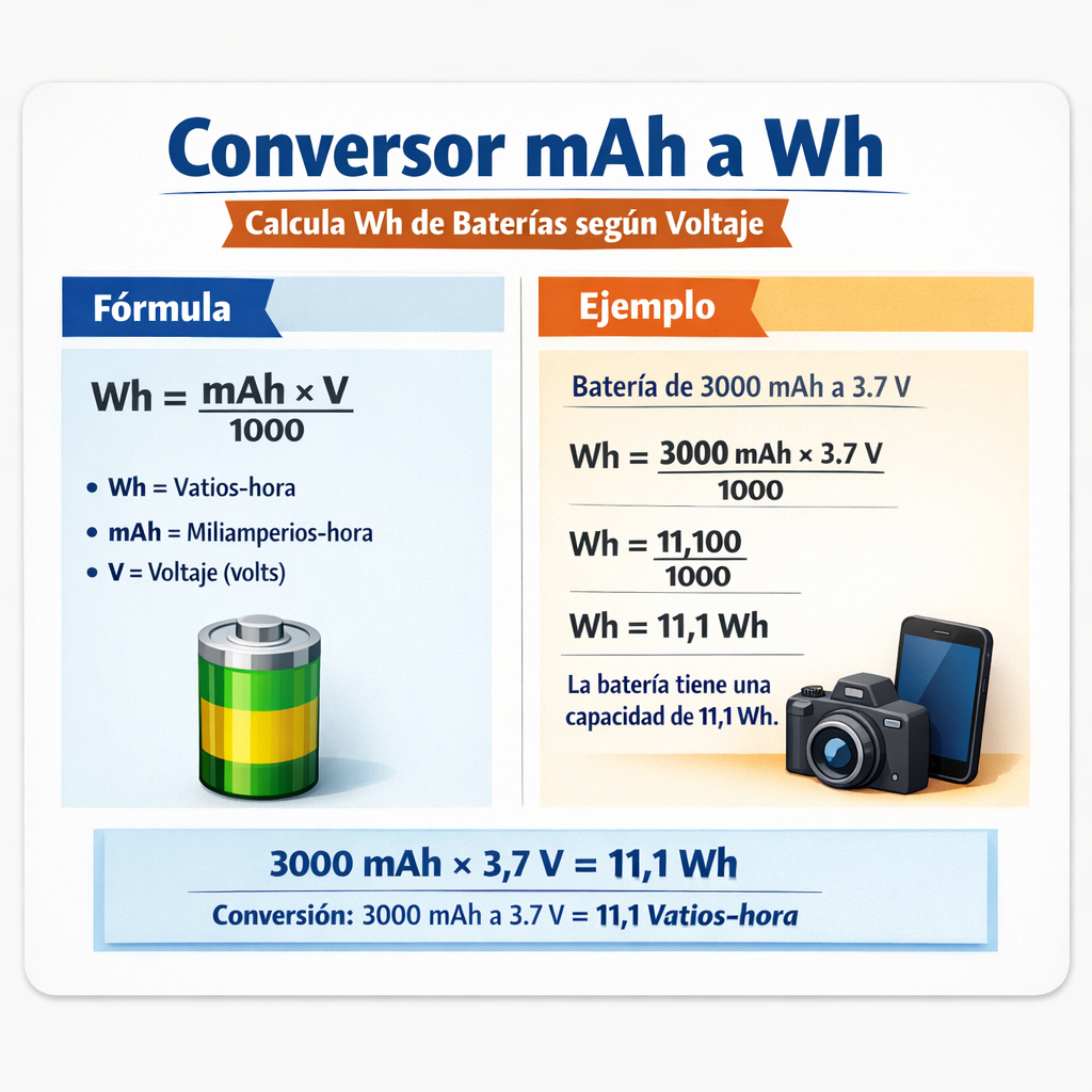 Conversor Mah a Wh calcula Wh de baterías según voltaje fórmula sencilla