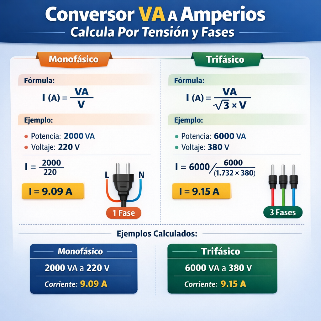 Conversor Va a Amperios calcula por tension y fases mono trifasico rápido y preciso