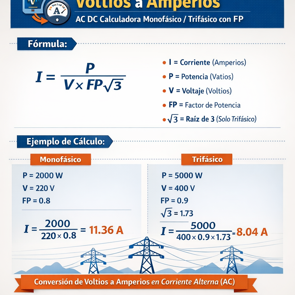 Conversor Voltios A Amperios Ac Dc Calculadora Monofasico Trifasico Con Fp guía práctica