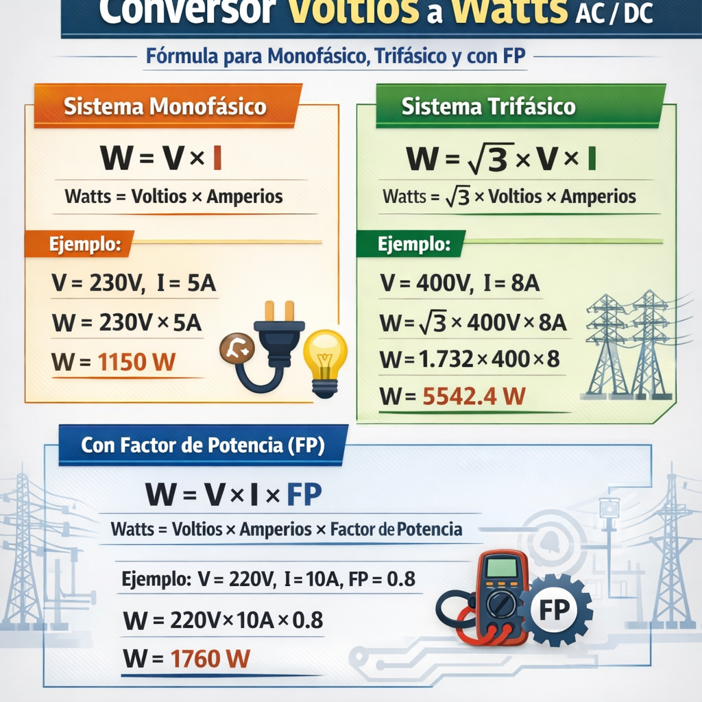 Conversor voltios a watts ac dc formula para monofasico trifasico y con fp