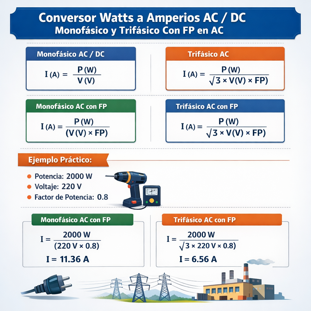 Conversor watts a amperios AC DC monofásico y trifásico con fp en AC guía práctica