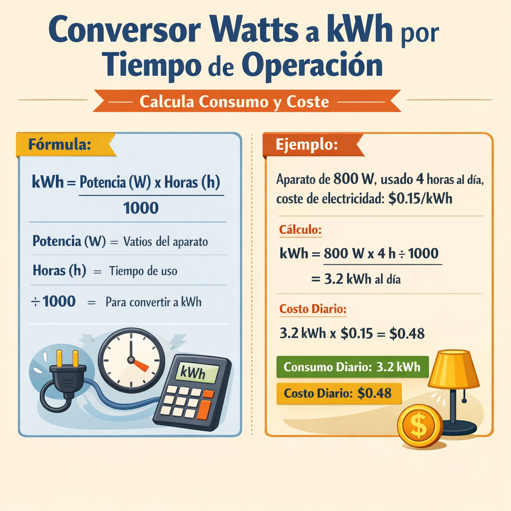Conversor watts a kwh por tiempo de operacion calcula consumo y coste