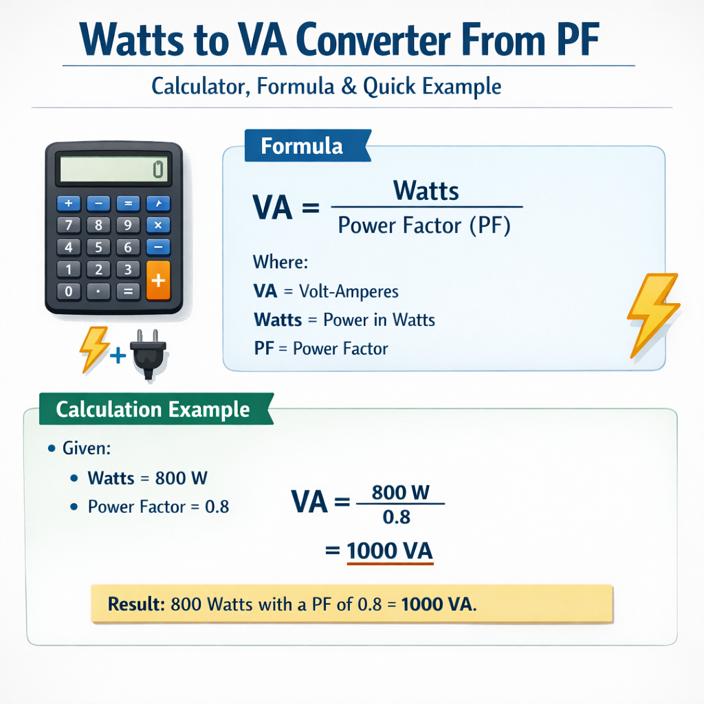 Conversor Watts a VA a partir de FP calculadora formula y ejemplo rapido
