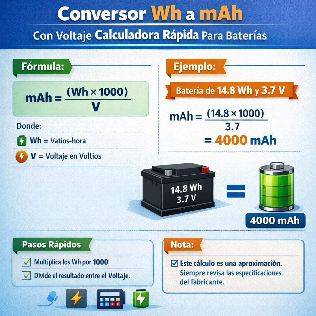 Conversor Wh a mAh con voltaje calculadora rápida para baterías