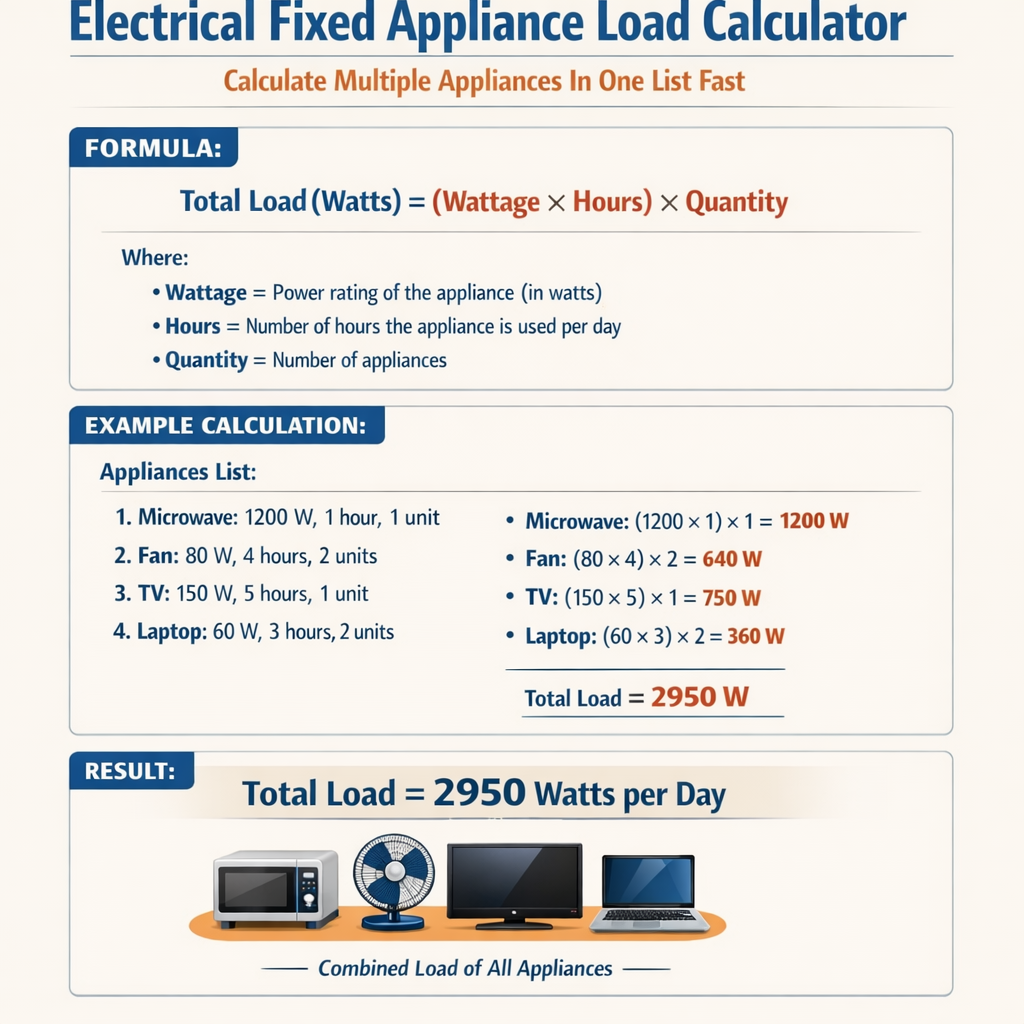 Electrical Fixed Appliance Load Calculator Calculate Multiple Appliances in One List Fast