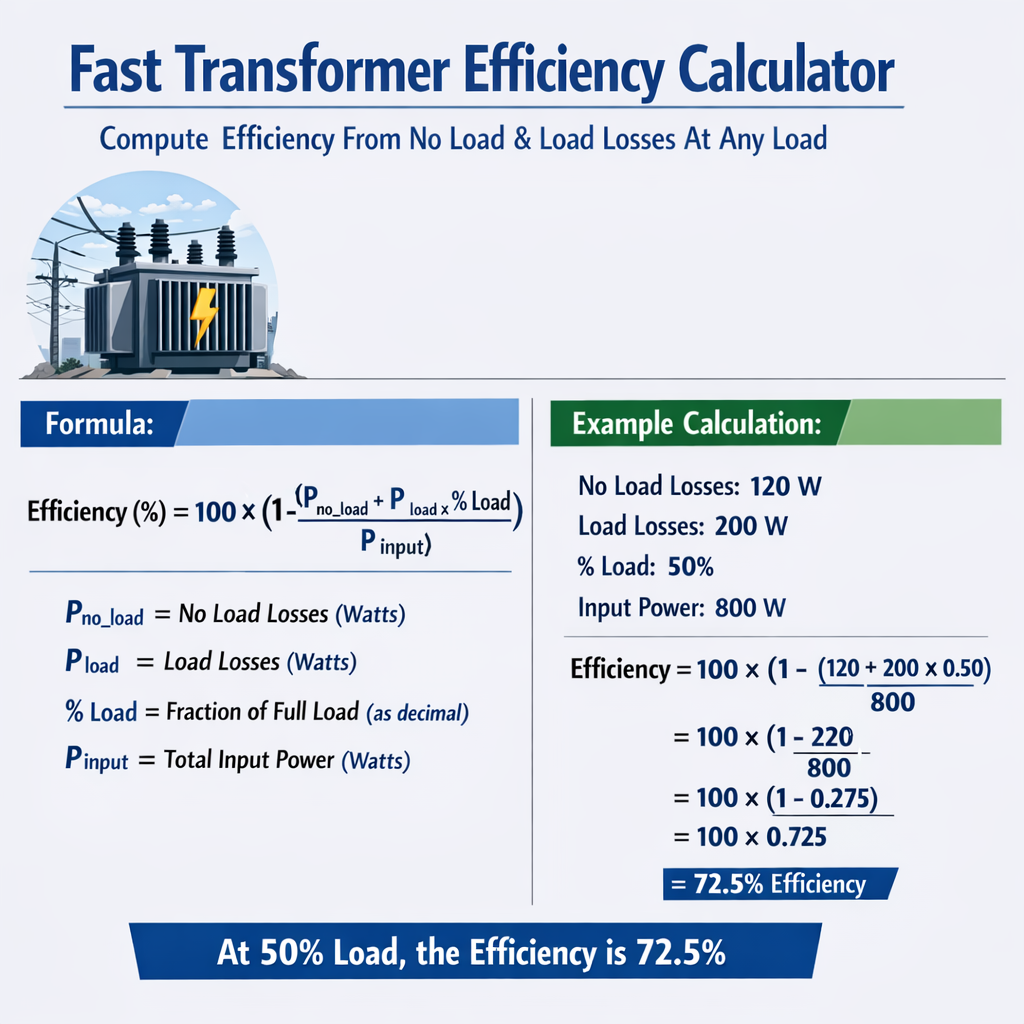 Fast Transformer Efficiency Calculator Compute Efficiency From No Load Load Losses At Any Load