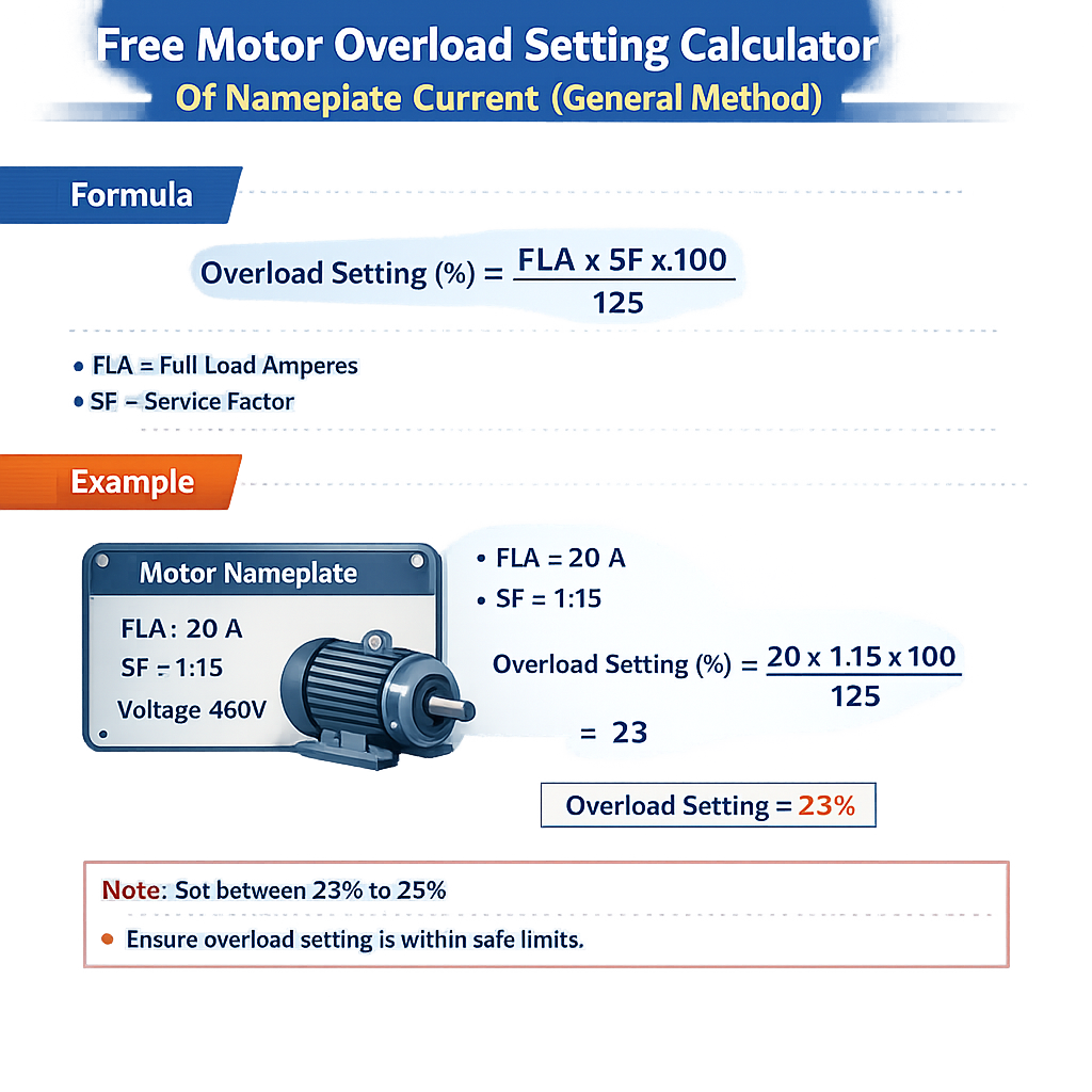 Free Motor Overload Setting Calculator Of Nameplate Current General Method Guide