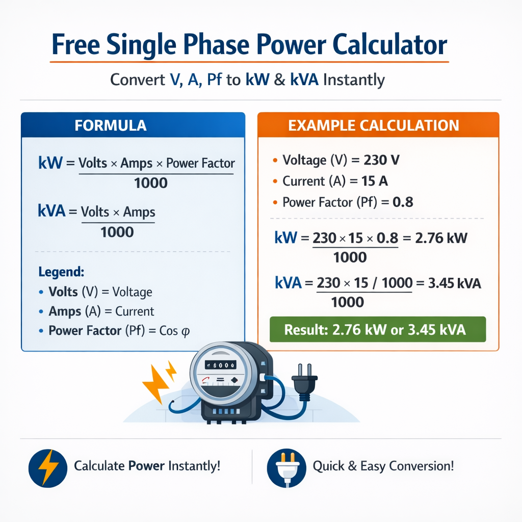 Free Single Phase Power Calculator Convert V A Pf To Kw Kva Instantly - Quick Guide