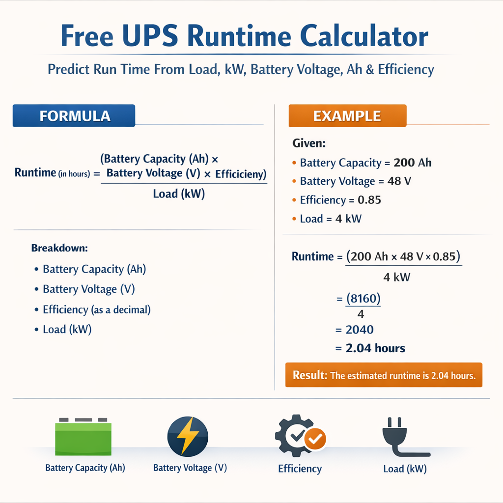 Free Ups Runtime Calculator Predict Run Time From Load Kw Battery Voltage Ah Efficiency