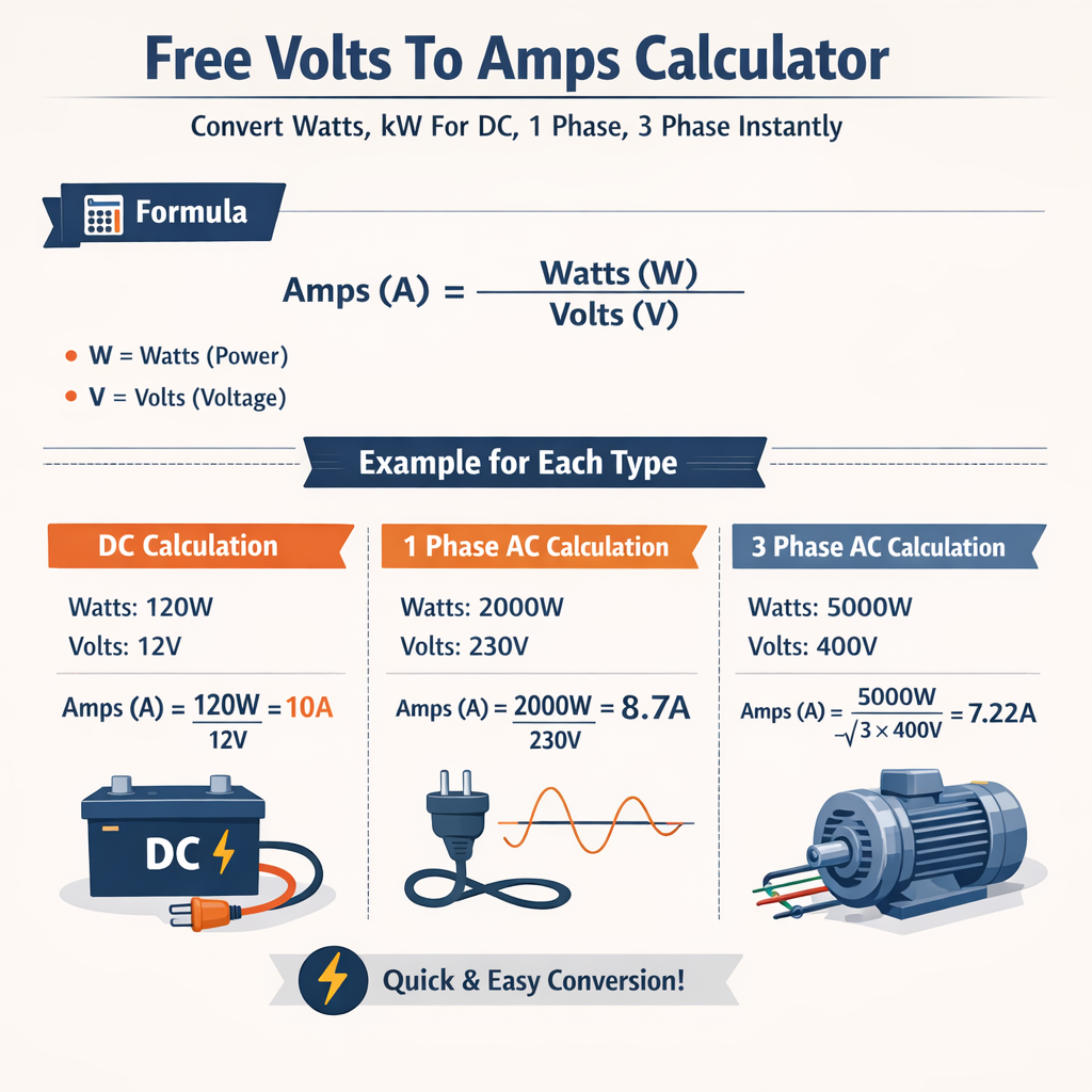 Free Volts To Amps Calculator Convert Watts Kw For Dc 1 Phase 3 Phase Instantly - Quick Guide