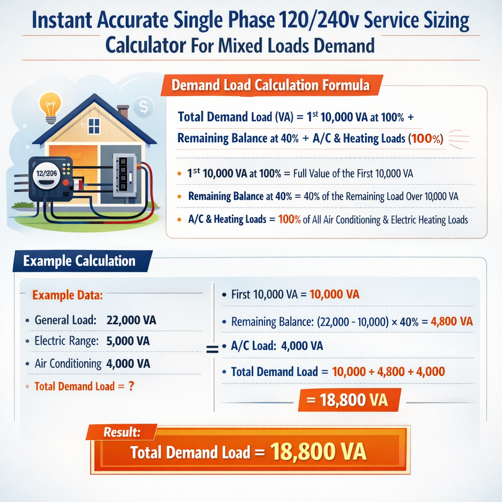 Instant Accurate Single Phase 120 240v Service Sizing Calculator For Mixed Loads Demand