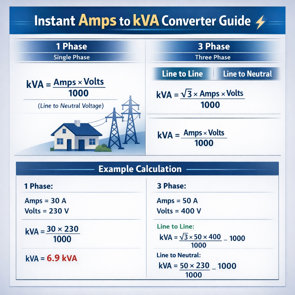 Instant Amps To Kva Converter 1 Phase 3 Phase Line To Line Line To Neutral calculator