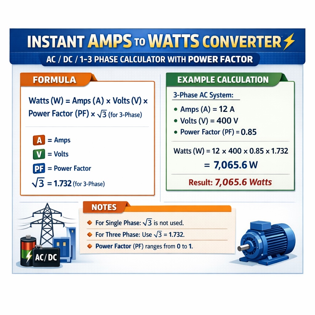 Instant Amps To Watts Converter AC DC 1 3 Phase Calculator With Power Factor Option