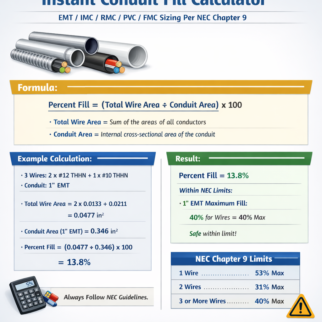 Instant Conduit Fill Calculator Emt Imc Rmc Pvc Fmc Sizing Per Nec Chapter 9