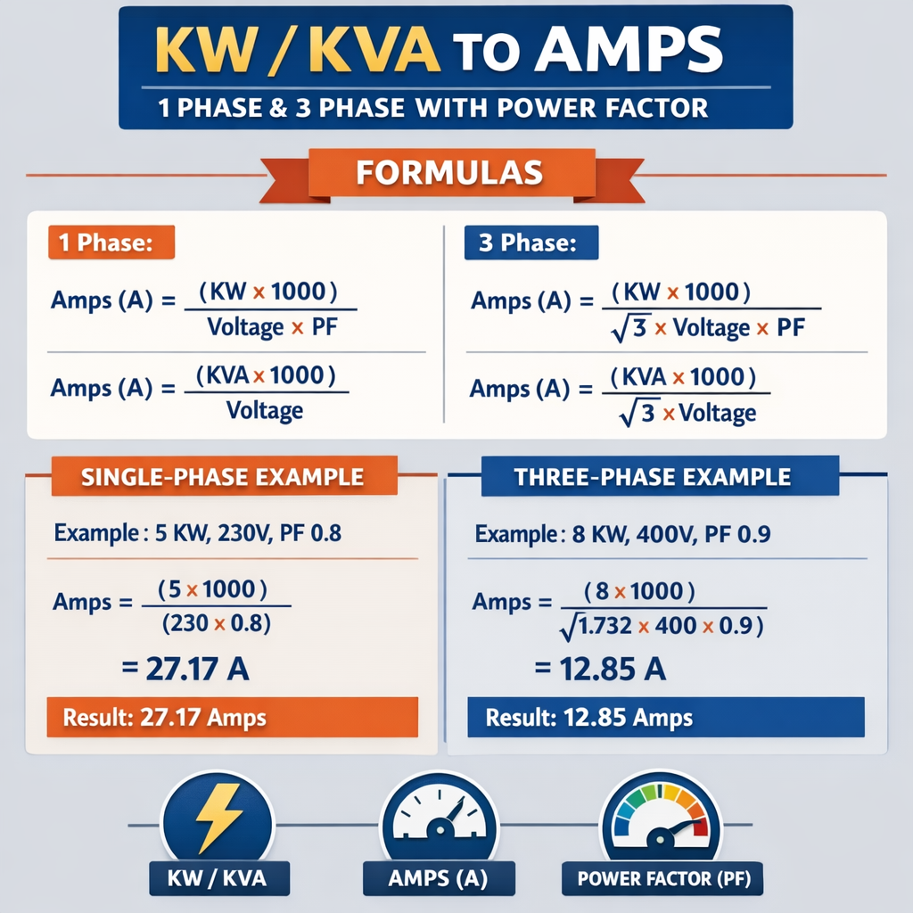 Instant Current Calculator Convert Kw Kva To Amps 1 Phase 3 Phase With Power Factor Tutorial