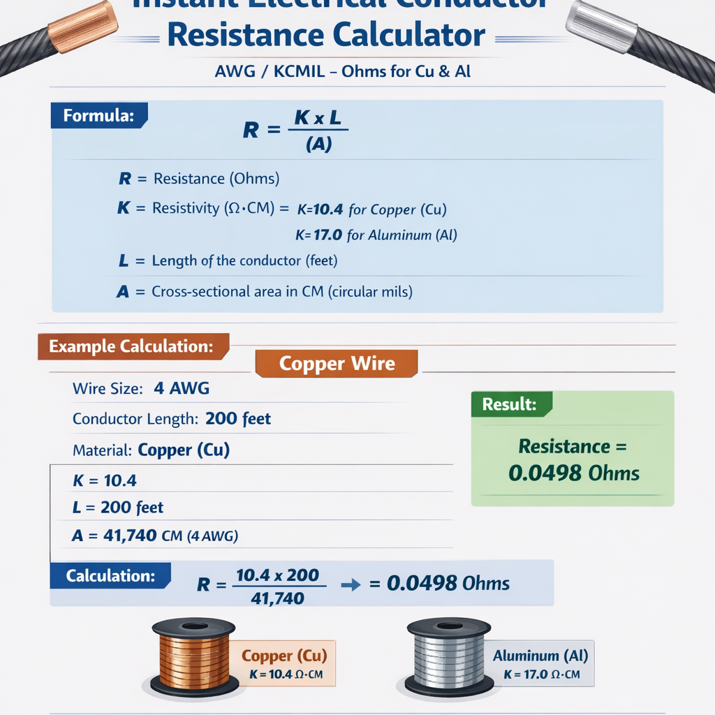 Instant Electrical Conductor Resistance Calculator Awg Kcmil Ohms For Cu Al Guide