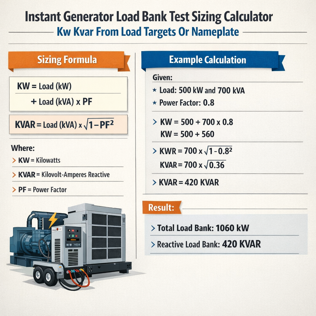 Instant Generator Load Bank Test Sizing Calculator Kw Kvar From Load Targets Or Nameplate Guide
