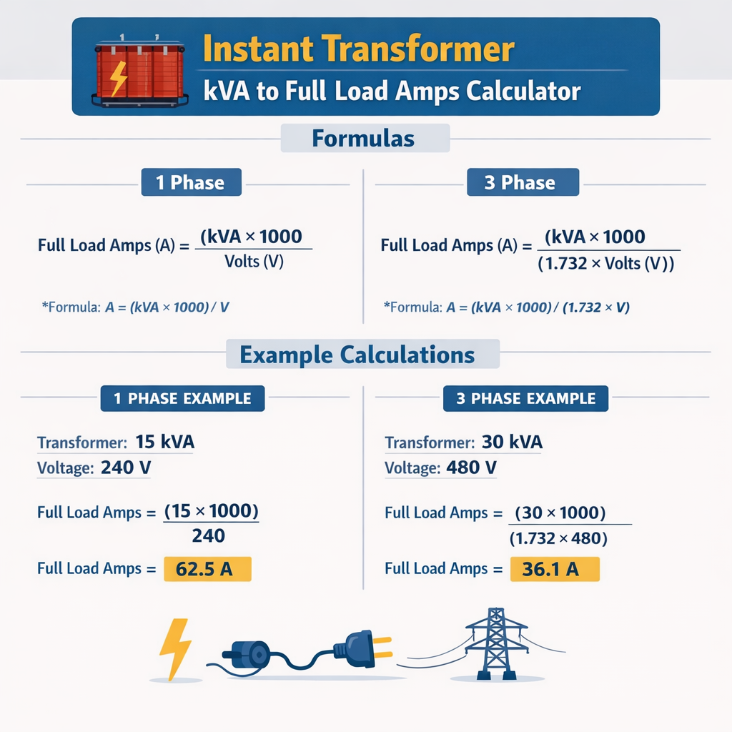 Instant Transformer Kva To Full Load Amps Calculator 1 Phase 3 Phase Guide