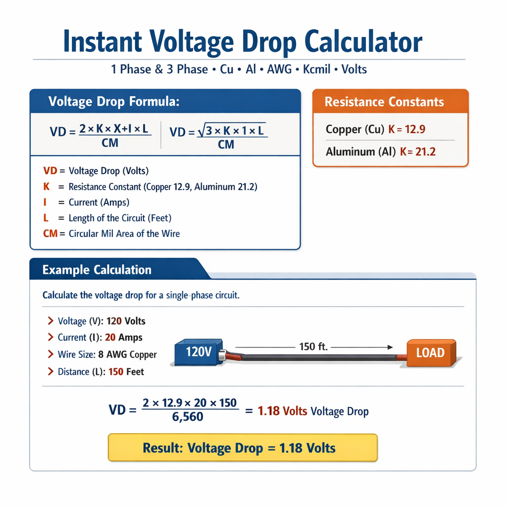 Instant Voltage Drop Calculator 1 Phase 3 Phase Cu Al Awg Kcmil Volts for Accurate Sizing