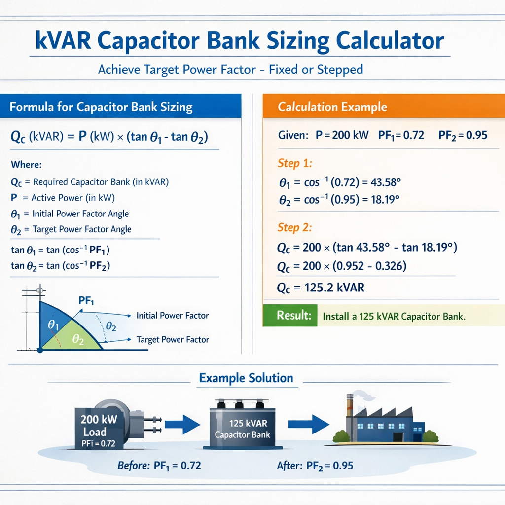 Kvar Capacitor Bank Sizing Calculator Achieve Target Power Factor Fixed or Stepped Guide