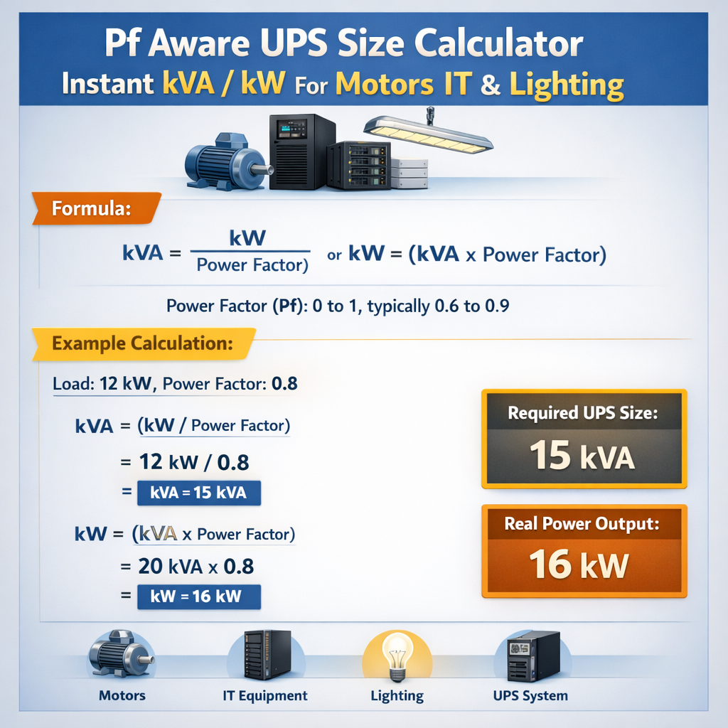 Pf Aware Ups Size Calculator Instant Kva Kw for Motors It Lighting