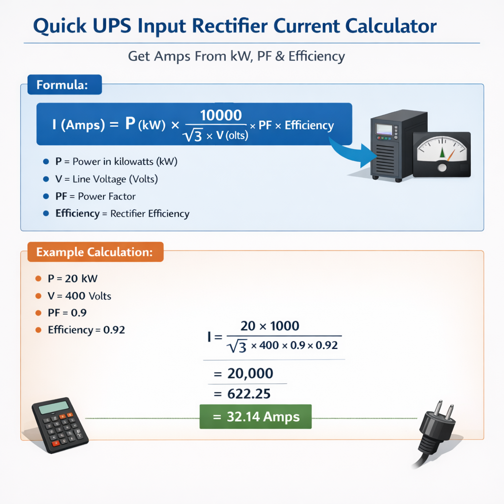 Quick Ups Input Rectifier Current Calculator Get Amps From Kw Pf Efficiency Guide